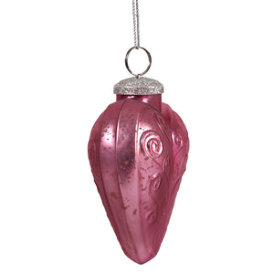 Pink translucent blush glass heart ornament with swirling etched patterns and glittery silver cap from international valentine collection