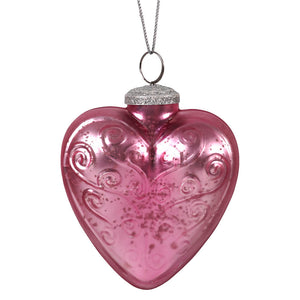 Blush glass heart shaped ornament in translucent pink with swirling etch patterns and glittery silver cap from international valentine collection