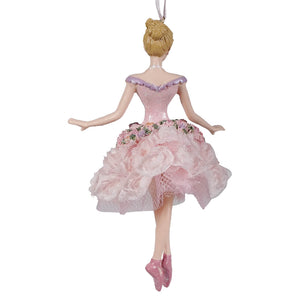 Delicate blush pink blonde ballerina ornament with glittery bodice lace skirt and matching ballet slippers dance ornament