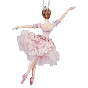 Blush pink brunette ballerina ornament with glittery bodice lace tutu floral appliques and sparkling ballet slippers