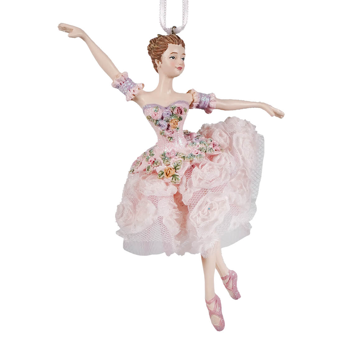 Blush pink brunette ballerina ornament in a pink dress made of resin, perfect for holiday or room decor