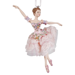 Blush pink brunette ballerina ornament in a pink dress made of resin, perfect for holiday or room decor