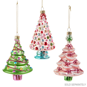 Three raz imports christmas blushing glass tree ornaments in green and pink glass with glitter beads and ribbons hanging