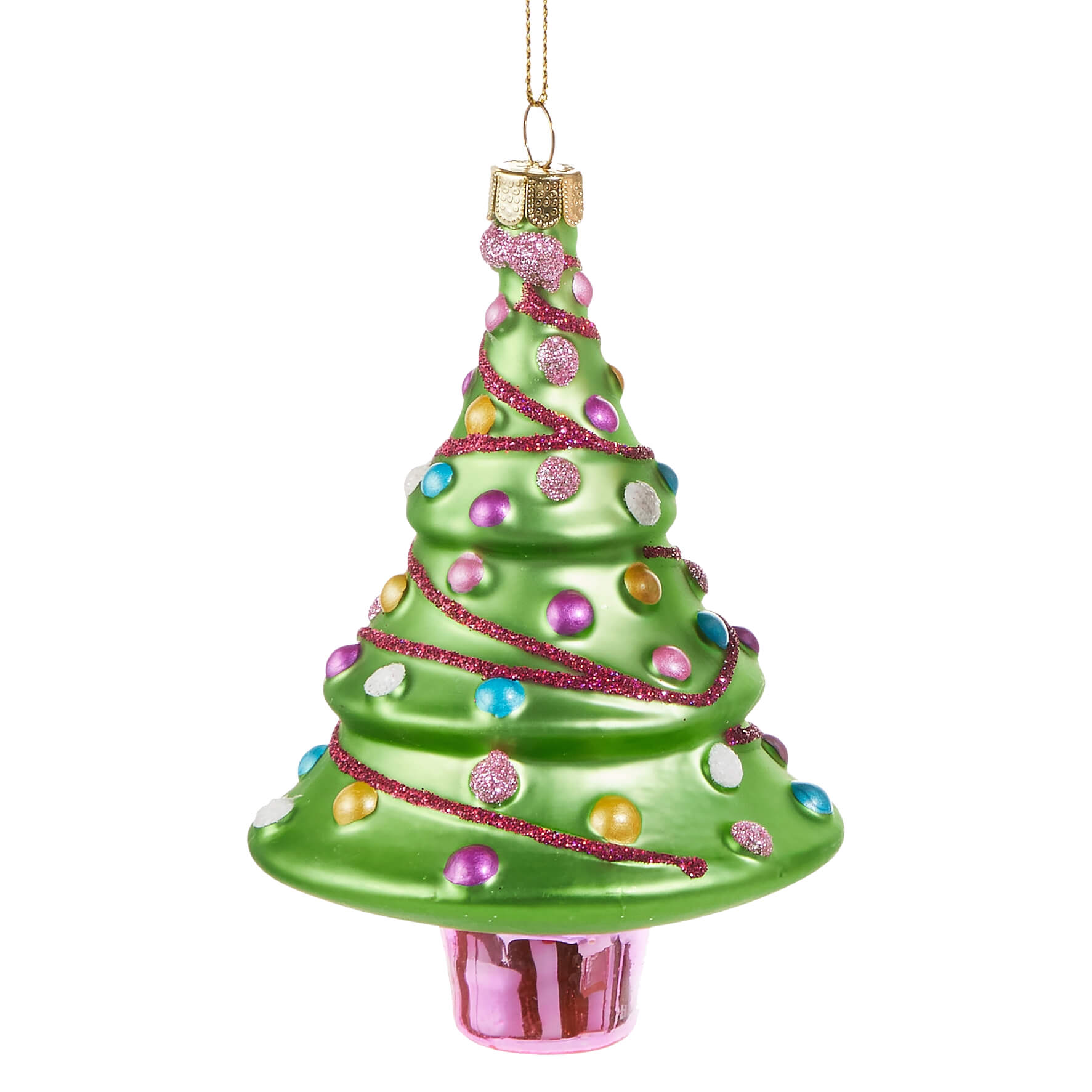Blushing green glass tree ornament from raz imports christmas featuring glitter ribbons and colorful round beads