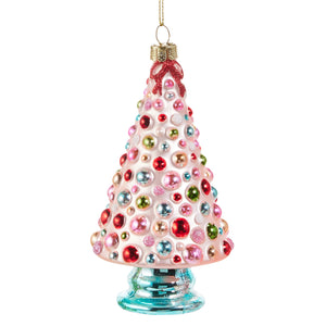 A pink glass tree ornament by raz imports christmas decorated with colorful beads and a red glitter bow