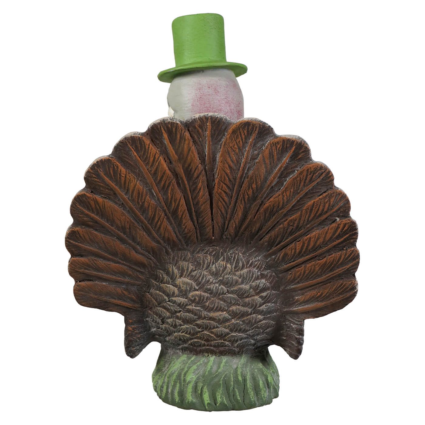 Bobble head turkey resin figurine with green top hat and brown feathered tail on grass by bethany lowe thanksgiving turkeys