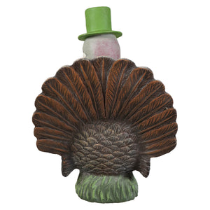 Bobble head turkey resin figurine with green top hat and brown feathered tail on grass by bethany lowe thanksgiving turkeys