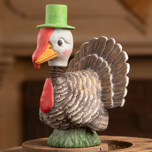 Bobble head turkey ceramic figurine by bethany lowe with green top hat red wattle and orange beak thanksgiving turkeys