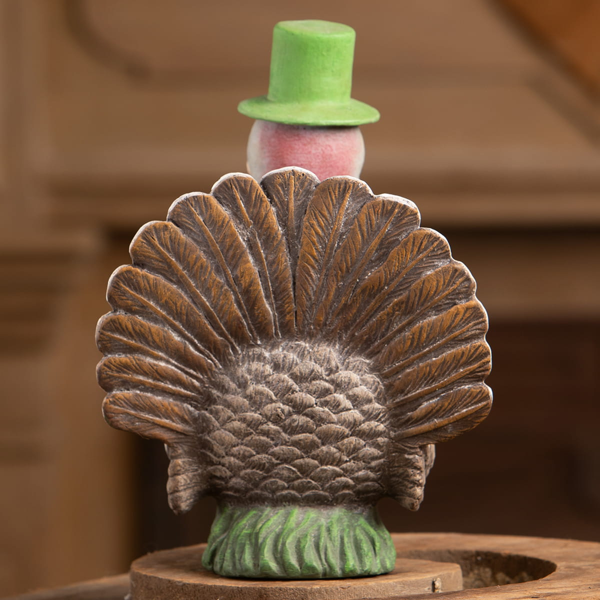 Bobble head turkey ceramic figurine by bethany lowe with green top hat brown feathers perfect thanksgiving turkeys decor