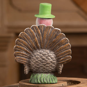 Bobble head turkey ceramic figurine by bethany lowe with green top hat brown feathers perfect thanksgiving turkeys decor