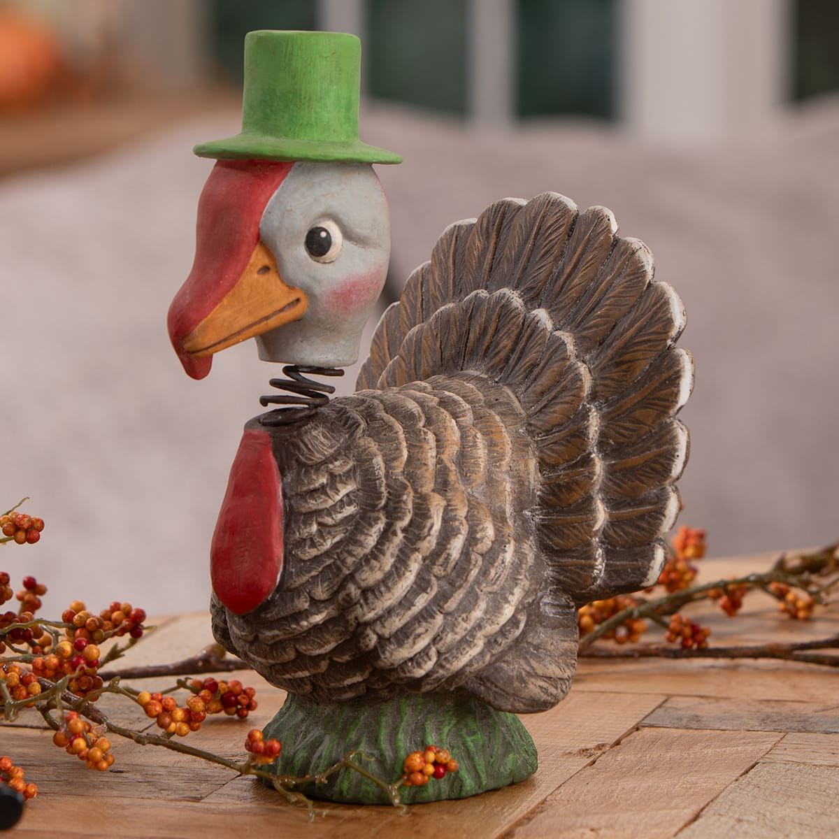 Bobble head turkey figurine by bethany lowe with green top hat and spring loaded neck perfect for thanksgiving turkeys decor
