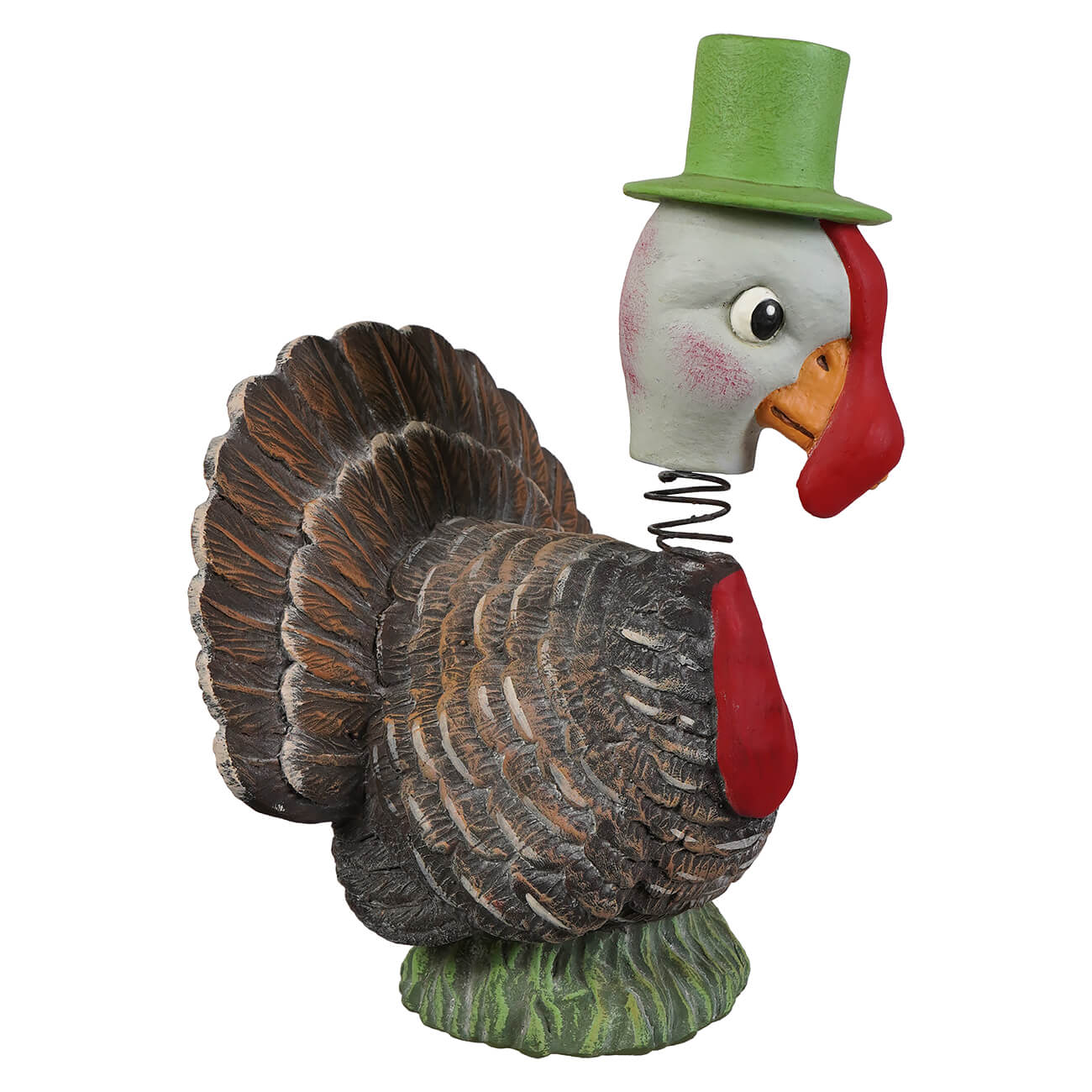 Bobble head turkey by bethany lowe features a whimsical gobble gobble turkey with a green top hat perfect for thanksgiving turkeys