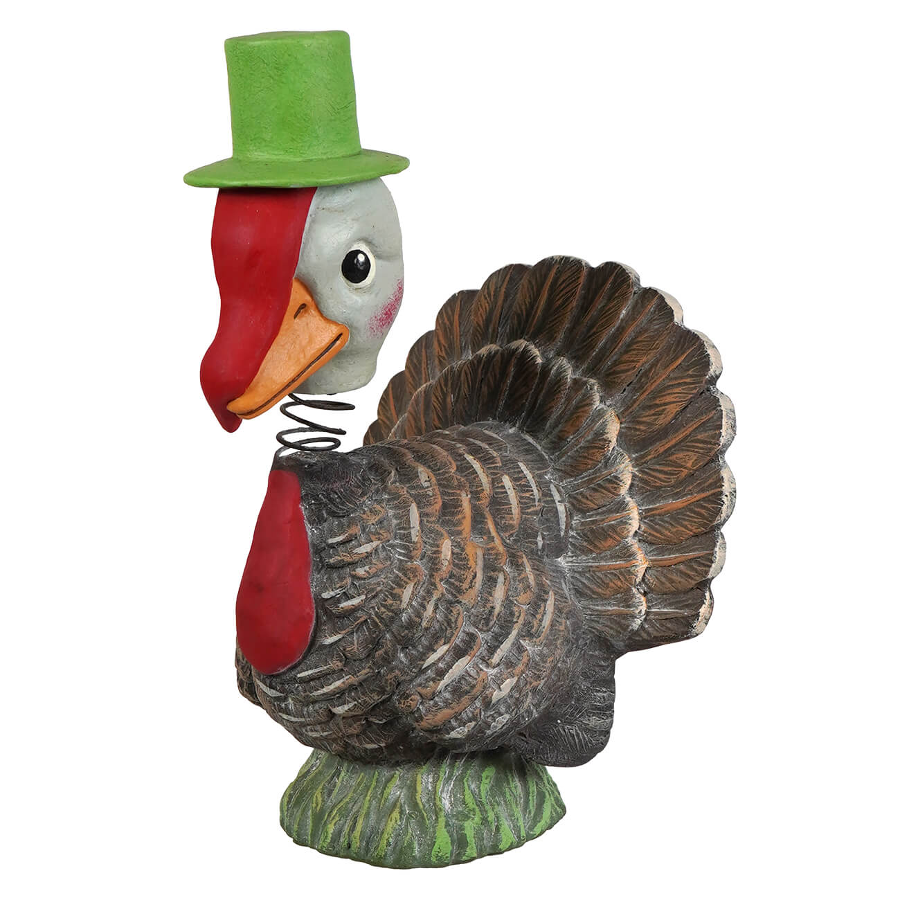 Bobble head turkey resin figurine by bethany lowe with green top hat and brown feathers perfect for thanksgiving turkeys display