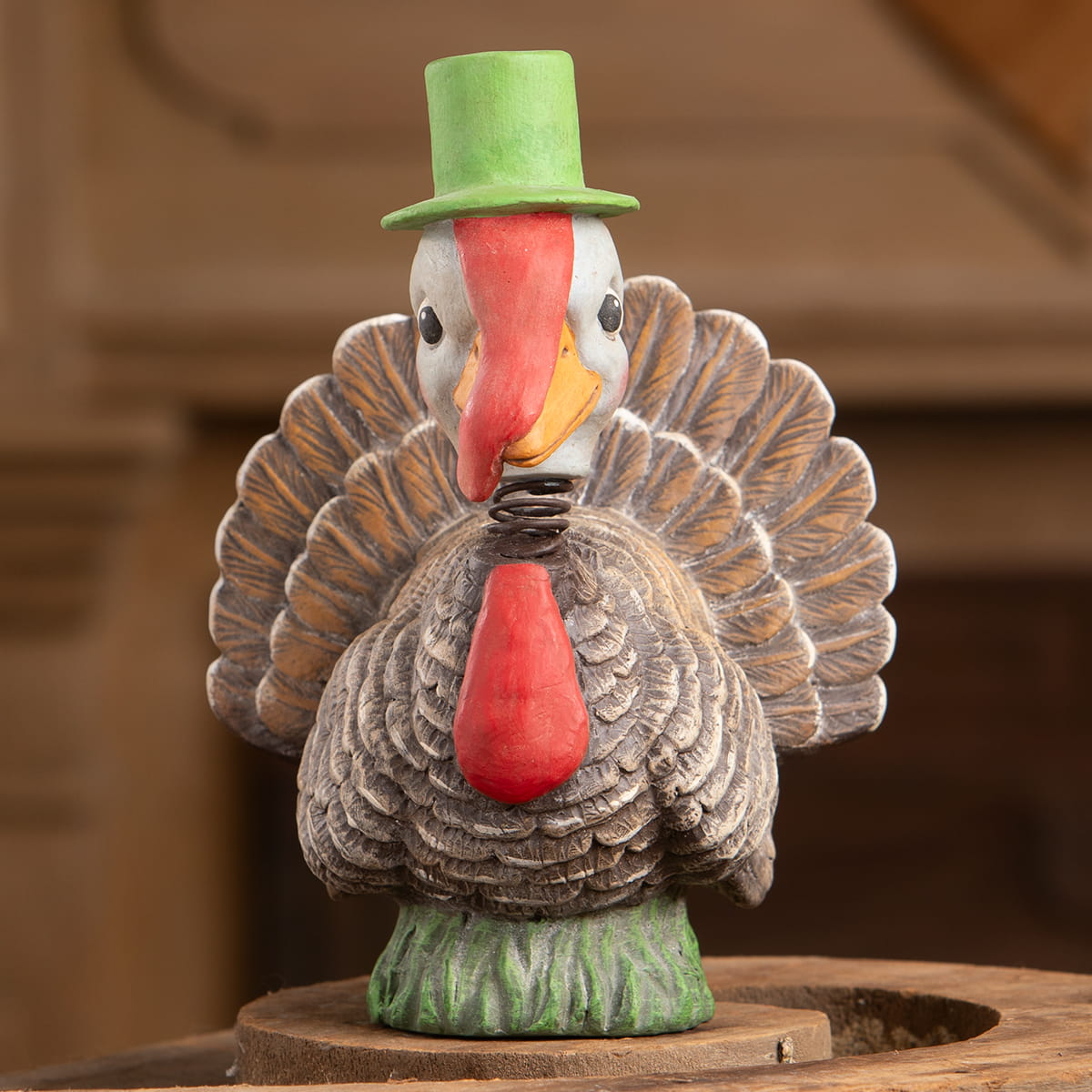 A charming bethany lowe ceramic bobble head turkey with green top hat and detailed brown feathers thanksgiving turkeys