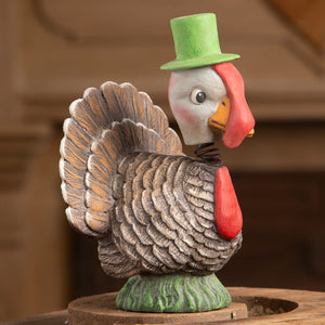 Bobble head turkey ceramic figurine by bethany lowe with gray feathers green top hat perfect for thanksgiving turkeys decor