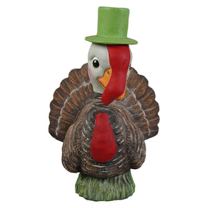 A charming bethany lowe ceramic bobble head turkey with brown feathers and green top hat perfect for thanksgiving turkeys