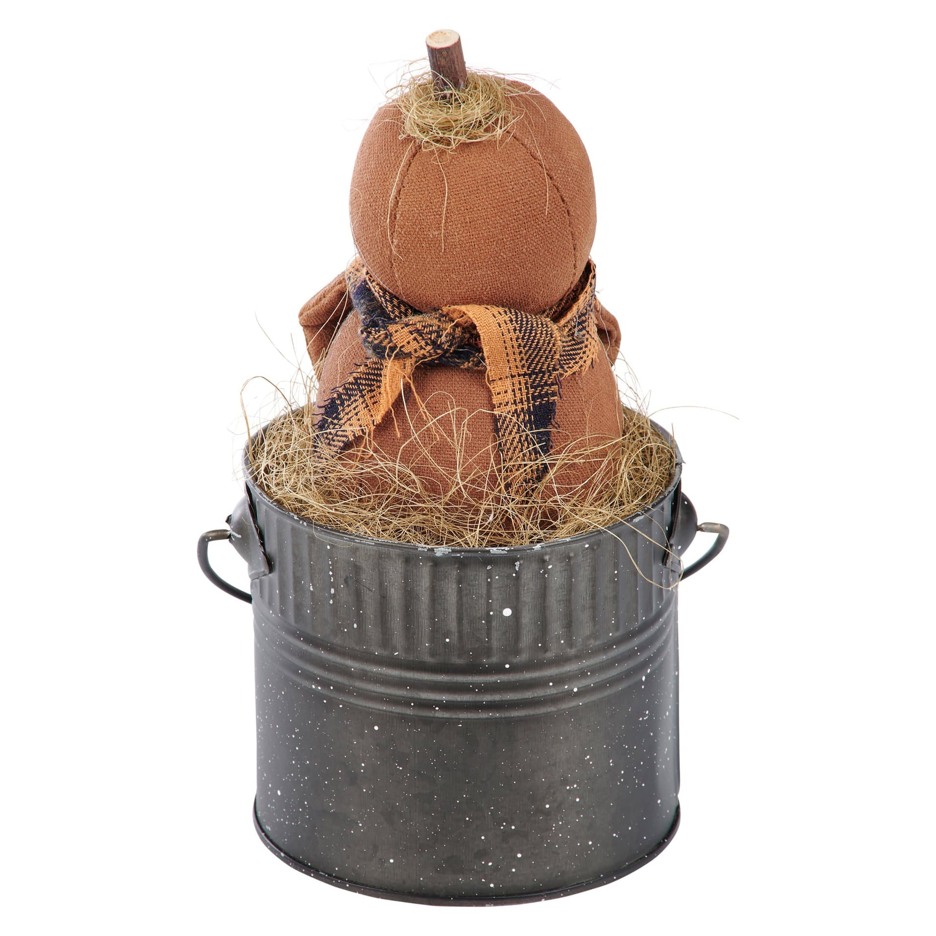 Brown fabric boo doll pumpkin with plaid scarf and straw stem in black metal bucket perfect for halloween dolls display