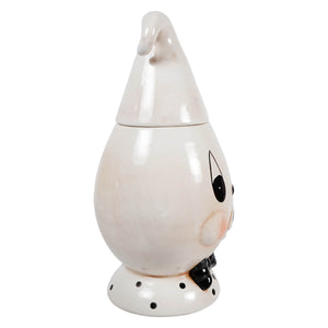 White ceramic ghost cookie jar with black eyes pink cheeks and polka dotted base by johanna parker figural decor