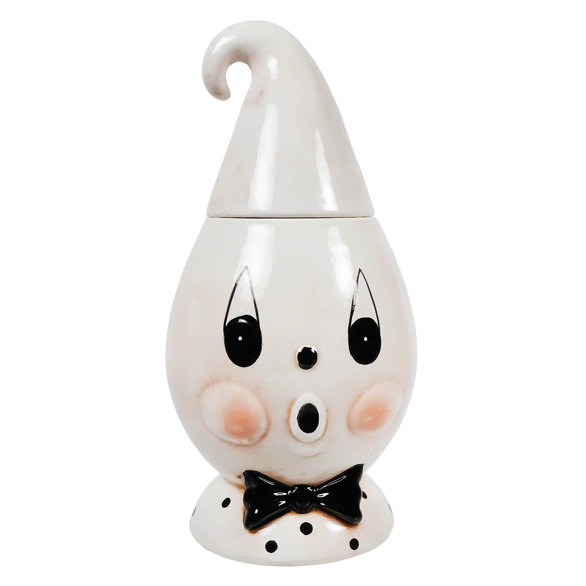 White ceramic ghost cookie jar with black eyes pink cheeks and black bow tie by johanna parker figural decor