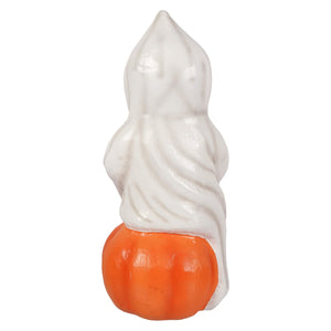 White ceramic halloween ghost figure with flowing robes standing on an orange jack o lantern pumpkin base ornament