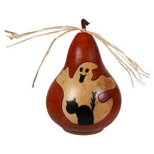 Halloween pumpkin and gourd featuring a traditional jack gourd with ghost and black cat design by meadowbrooke gourds