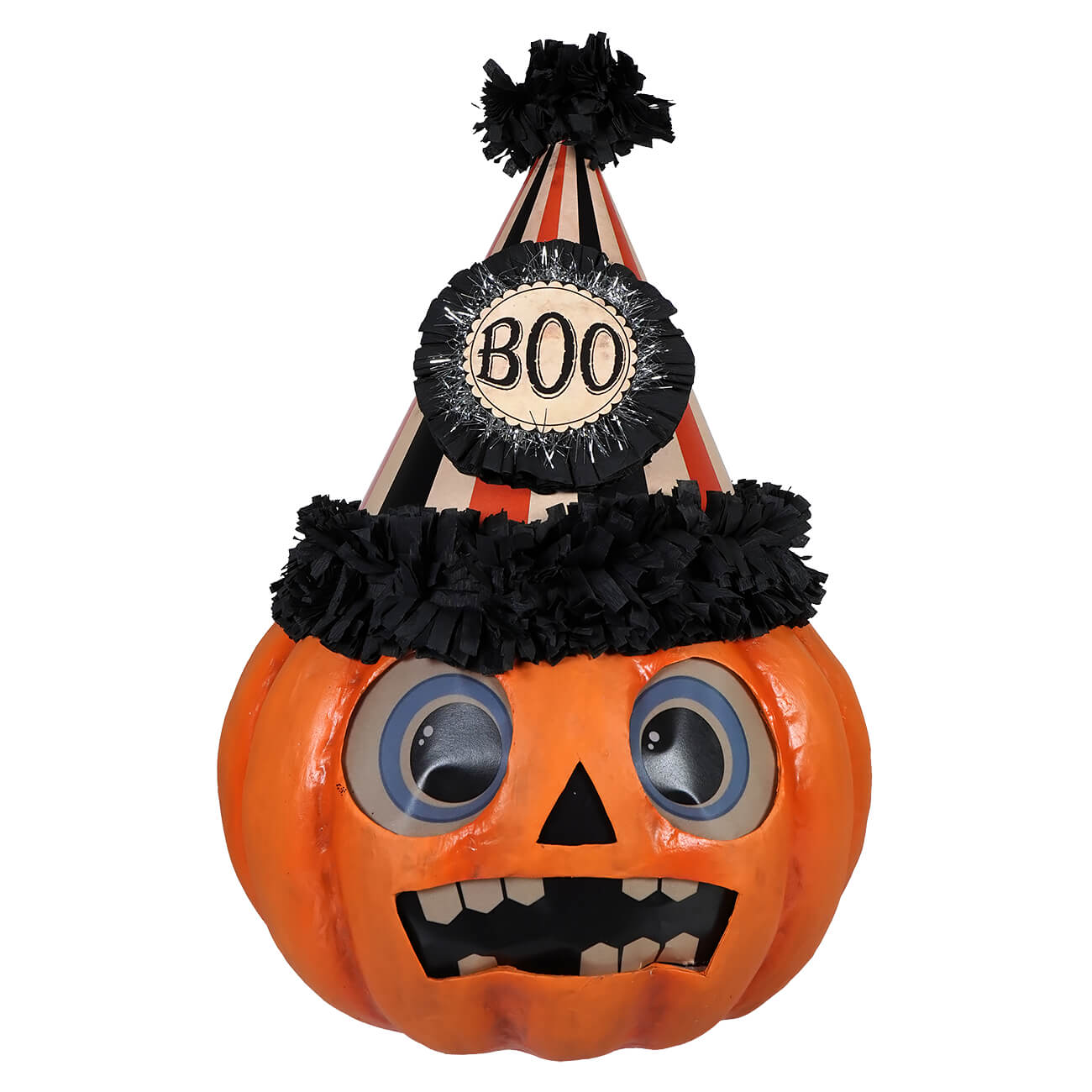 Halloween boo party pumpkin in orange wearing a colorful party hat perfect for spooky celebrations