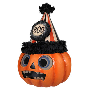 Orange halloween boo party pumpkin with striped party hat black tassels and boo badge perfect for spooky fun