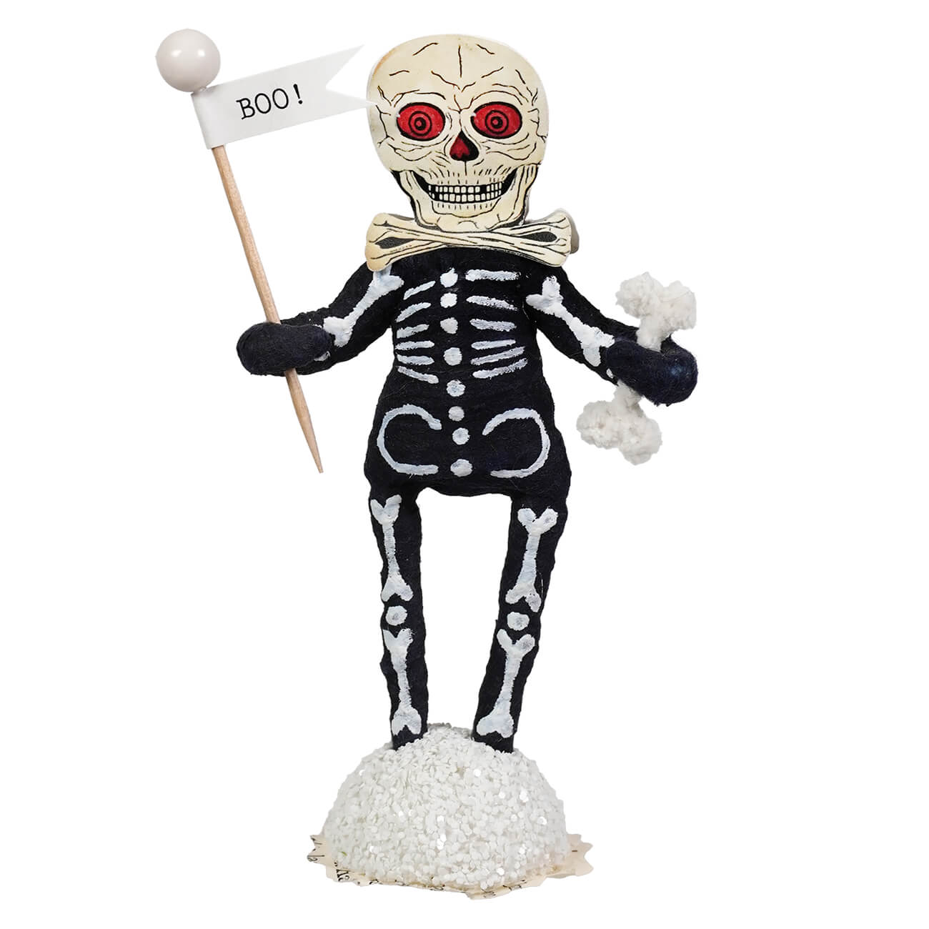 Boo skeleton figure with red glowing eyes and bone-patterned body holding a boo flag perfect skeleton decor or coffin display