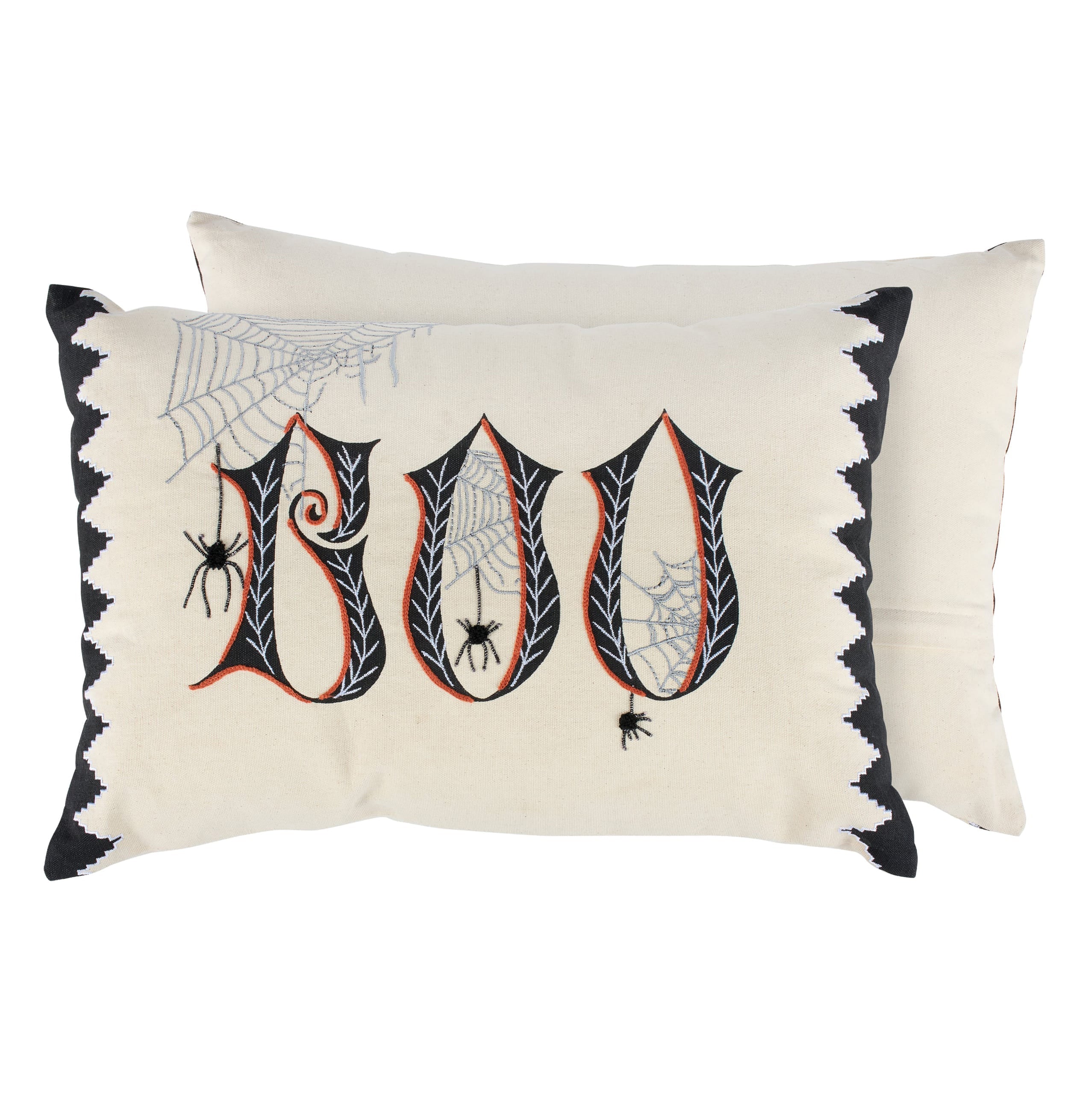 Cream-colored rectangular boo spider pillow with black and orange embroidery perfect for halloween pillows or boo pumpkin pillow fans