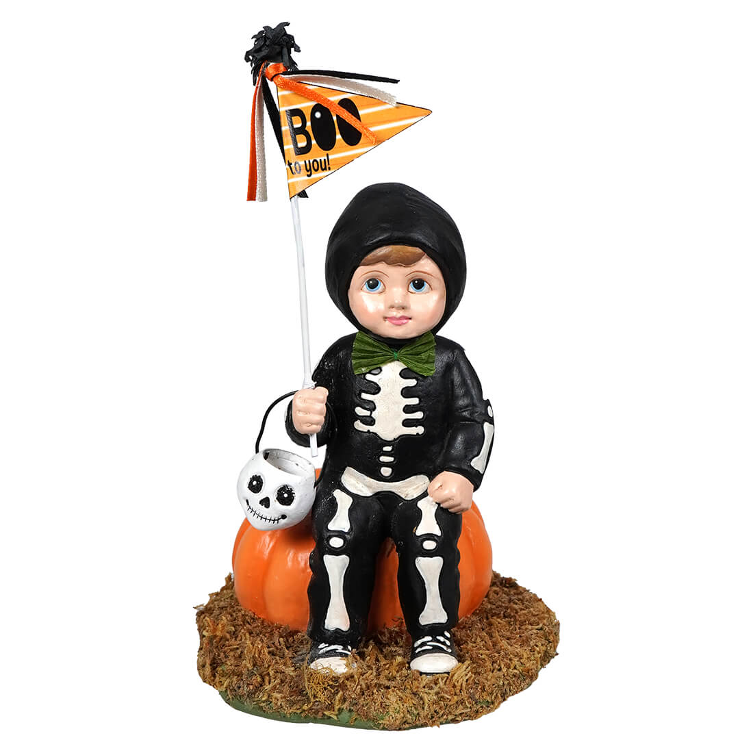 Black skeleton figurine in hooded costume with white bones green bow tie holding orange boo to you flag and skull bucket for halloween by bethany lowe design boo to you oliver