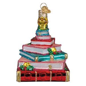 Colorful glittery glass book club tree ornament with gold accents and festive decorations perfect as a library ornament