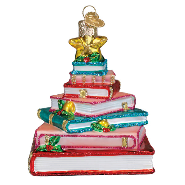 A festive glass book club tree ornament shaped like colorful stacked books with gold accents, perfect as a library ornament