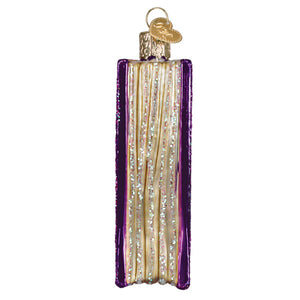 Purple glass book of spells ornament with glittery gold pages and golden heart tag perfect figural decor