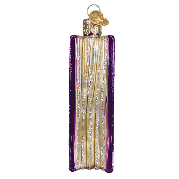 Purple glass book of spells ornament with glittery gold pages and golden heart tag perfect figural decor