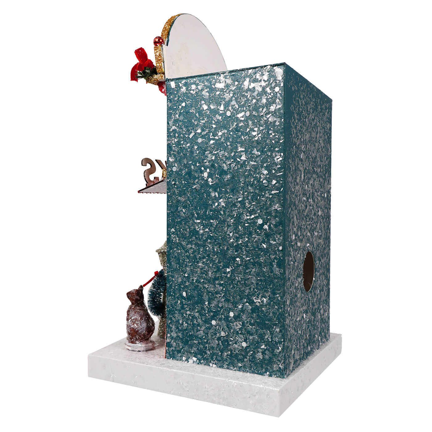 Teal glittery cody foster book shop box with circular cutout and mirrored top decorated with red and gold holiday accents