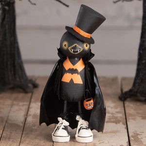 Black halloween-themed bird figurine boris crowloff with top hat cape and sneakers pumpkin sitter by bethany lowe halloween figures & dolls