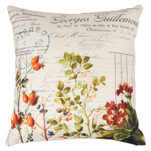 Beige botanical floral vintage pillow with french script and red orange green blue botanical illustrations for garden decor