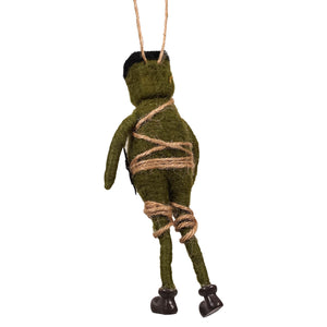 Olive-green felt bowlegged frankenstein ornament with black hair and shoes wrapped in natural twine for halloween ornaments
