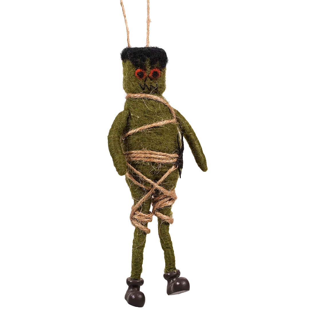Green felt frankenstein ornament with black hair red eyes and brown twine perfect for halloween ornaments non-glass ornaments