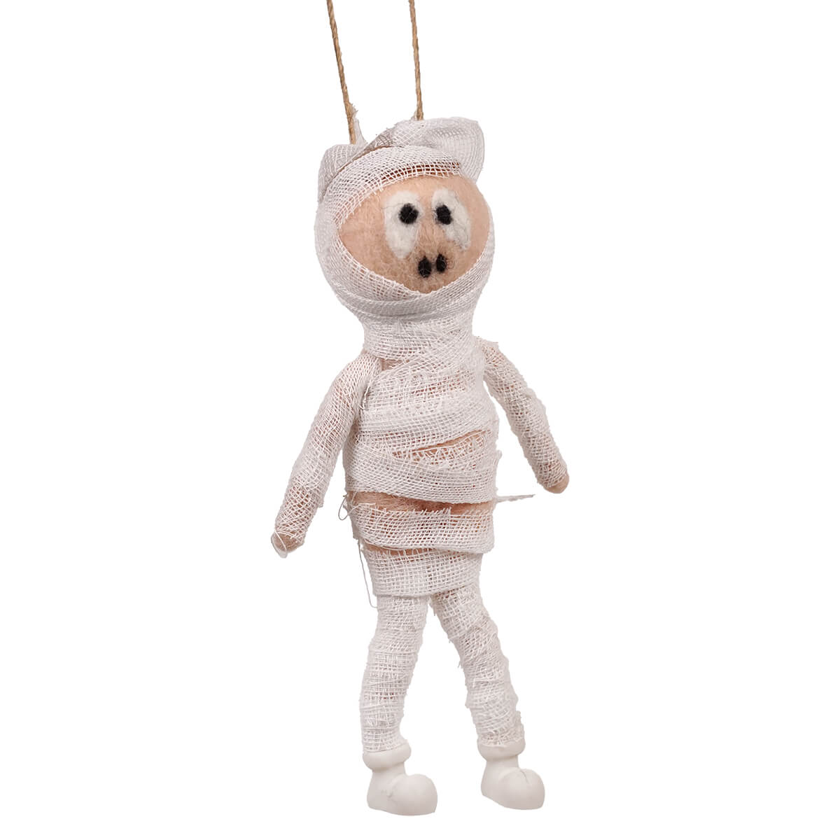 White mummy ornament made of woven fabric with embroidered face perfect halloween felt ornament decoration