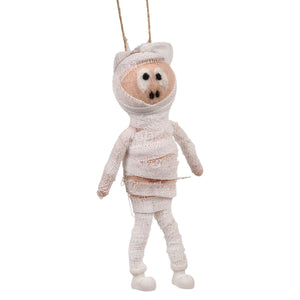 White mummy ornament made of woven fabric with embroidered face perfect halloween felt ornament decoration