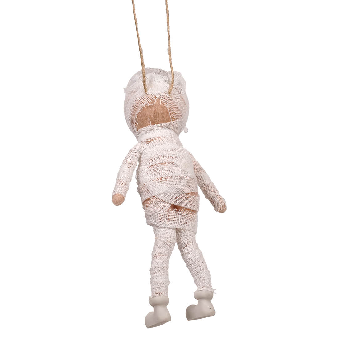 A white felt mummy ornament with bandage-like fabric wrapped over wooden limbs for halloween ornaments