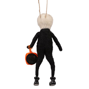 Black felt skeleton felt ornament with white fuzzy hair holding orange pumpkin bag non-glass ornaments