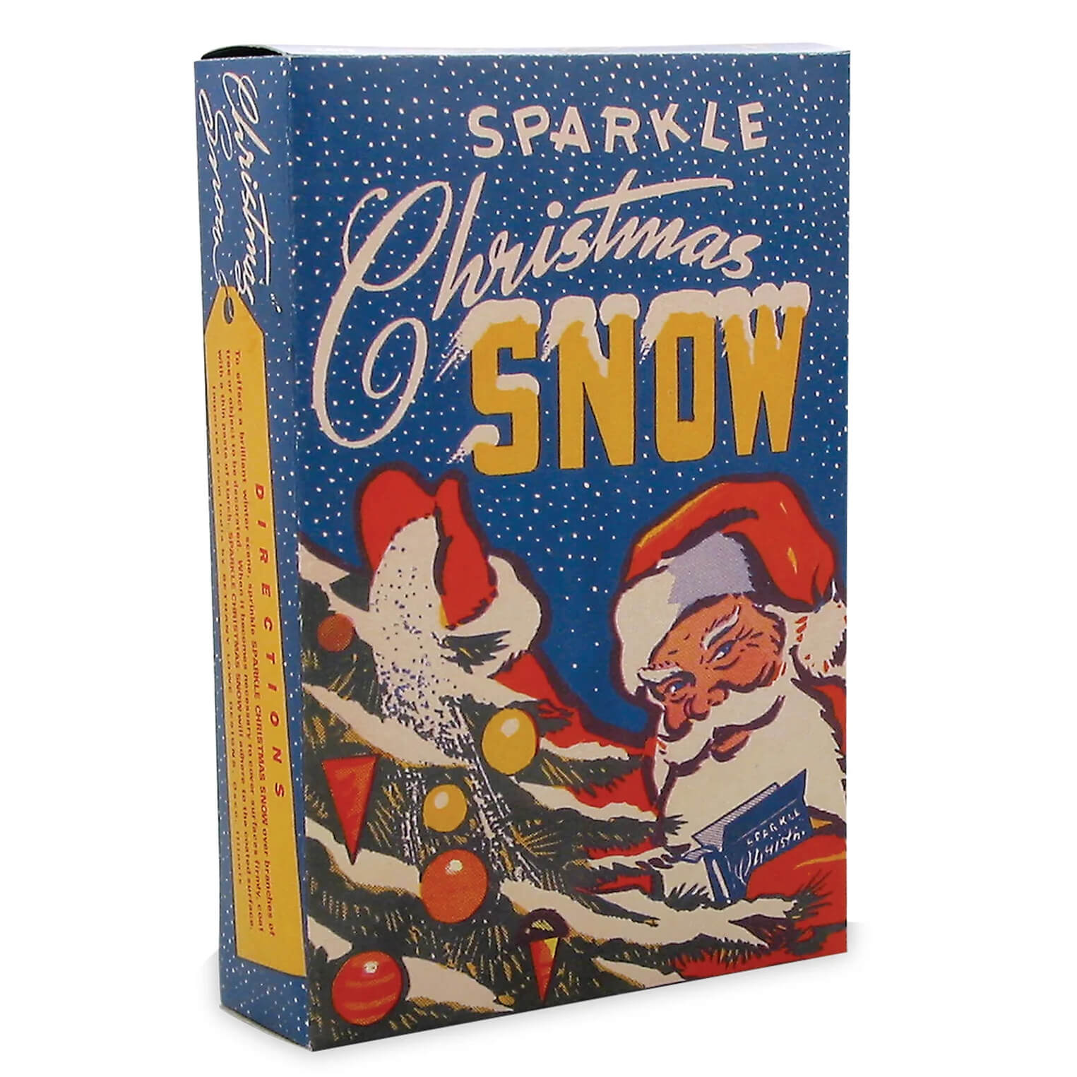 Blue and yellow box of mica snow card game featuring vintage santa decorating tree with artificial mica snow sparkle