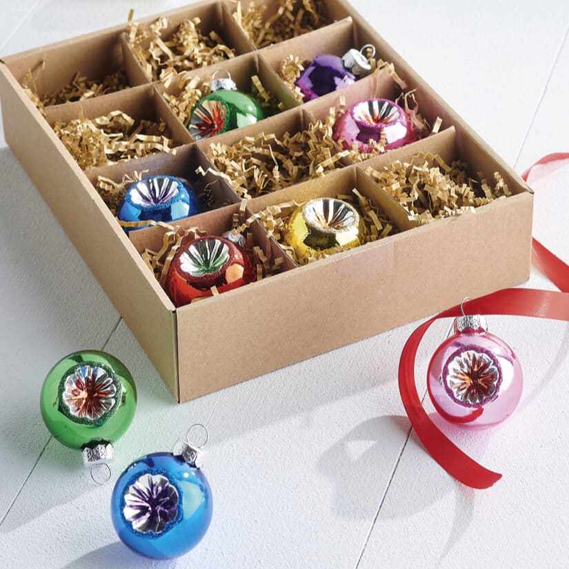 Box Of Multicolored Indent Vintage Ornaments Set/12