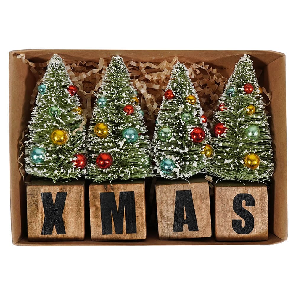 Boxed Xmas Blocks With Bottle Brush Trees Set/4