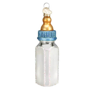 Silver frosted glass boy baby bottle ornament with gold nipple and blue glittery cap perfect for baby bottle ornament gifts