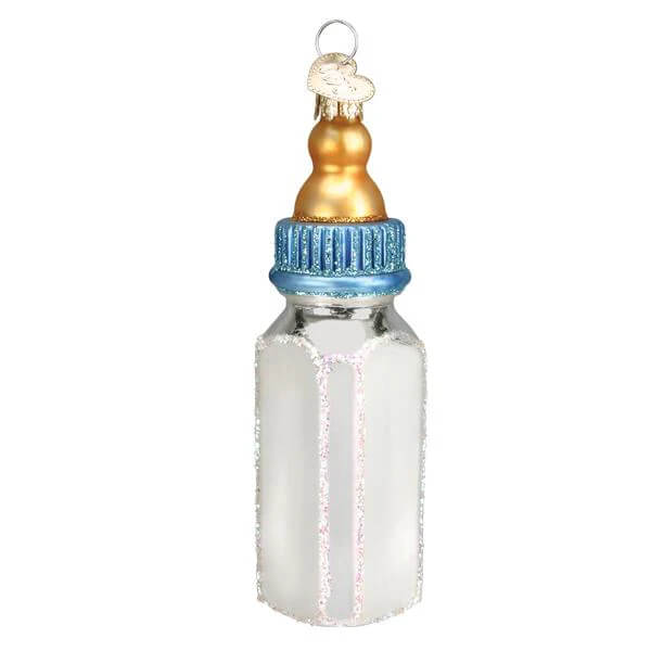 Silver frosted glass boy baby bottle ornament with gold nipple and blue glittery cap perfect for baby bottle ornament gifts
