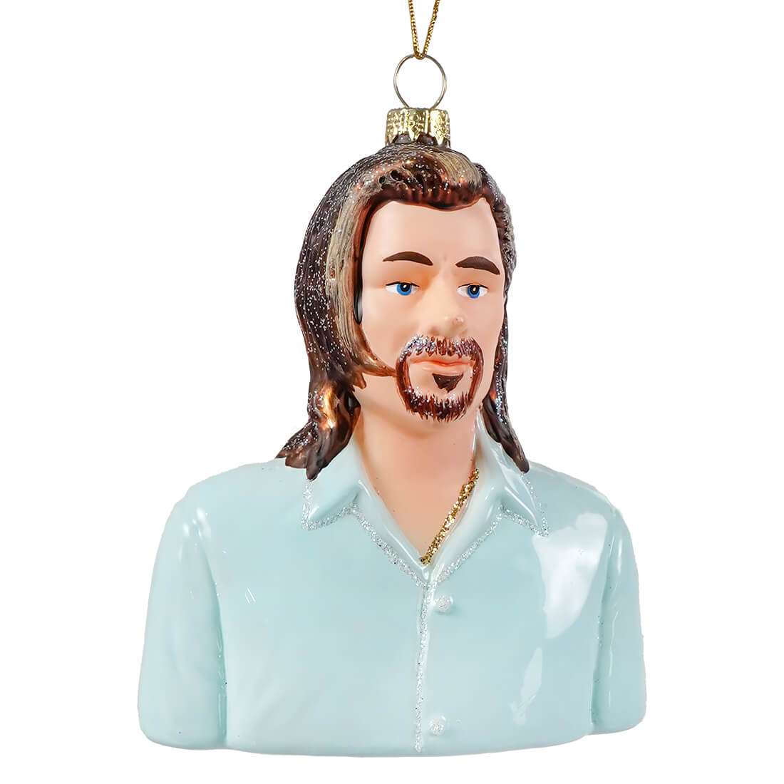 Glossy glass christmas ornament featuring a bust of a bearded man with blue eyes and long hair by cody foster