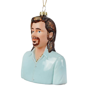 Translucent glass brad pitt christmas ornament by cody foster featuring a bust with brown hair and blue eyes